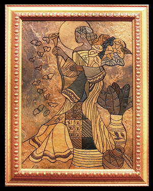 Африканка с кувшинами и цветами - картина на камне