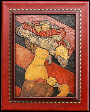 Девушка в шляпе из цветов - картины из камня