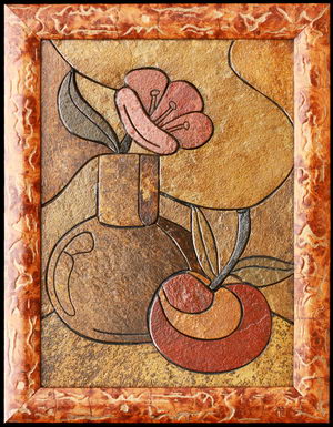 Цветок и яблоко - картина на камне