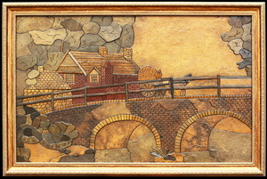 Дом у моста - картина на камне