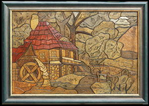 Дом у водяной мельницы - картина на камне