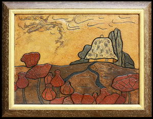 Домик на маковой поляне - картина на камне